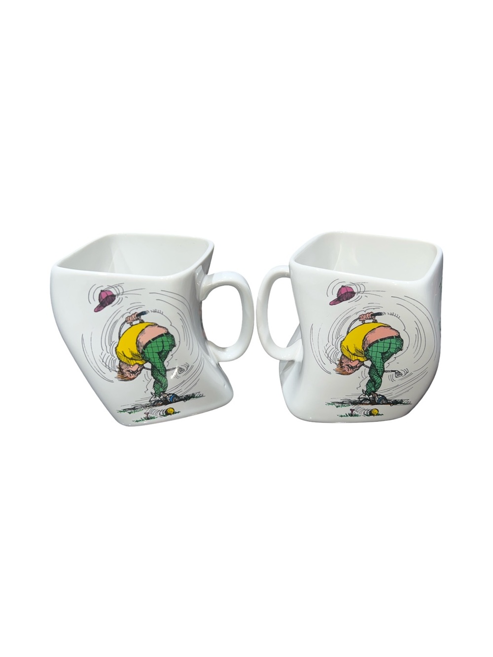 Vintage 1991 Funny Golf Mug The Results of Over-Swing Unique Square Shape Set 2